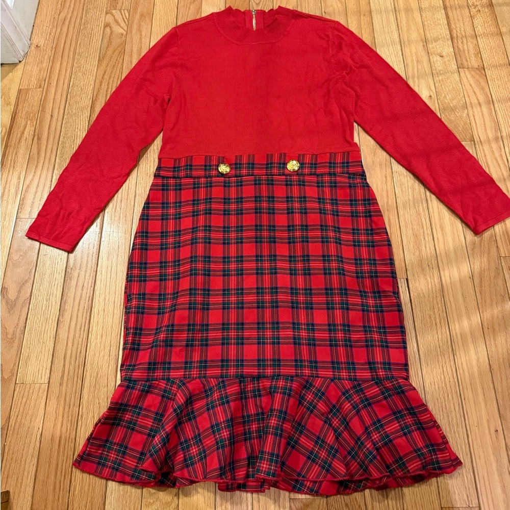 Red Plaid Long Sleeve Scottish Tartan Midi Dress Zip Back Crest Button Size 12 - Picture 2 of 7